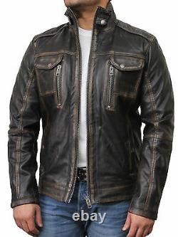 Mens Genuine Leather Biker Bomber Jacket Vintage Racing Quilted Distressed Black