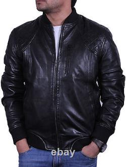 Mens Genuine Leather Jacket Quilted Distressed Leather Bomber Jacket Black&Brown