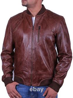 Mens Genuine Leather Jacket Quilted Distressed Leather Bomber Jacket Black&Brown