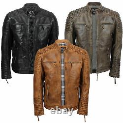 Mens Genuine Real Leather Biker Jacket Vintage Moto Style Distressed Brown Black