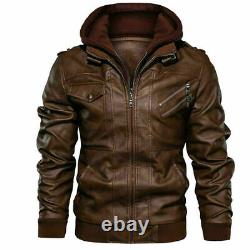 Mens Genuine Real Leather Jacket Distress Brown Bomber Winter Hooded Jacket Coat