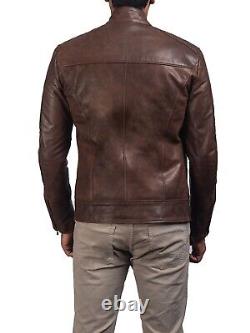 Mens Genuine Vintage Biker Motorcycle Distressed Cafe Racer Brown Leather Jacket