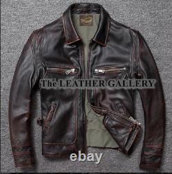 Mens Handmade Slim Fit Genuine Distressed Radish Brown Motorcycle Leather Jacket