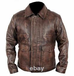Mens Indiana Jones Harrison Ford Distressed Brown Genuine Cowhide Leather Jacket