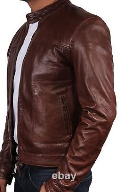 Mens Leather Biker Jacket Distressed Slim Fit Vintage Retro Brown/Grey/Tan/Black