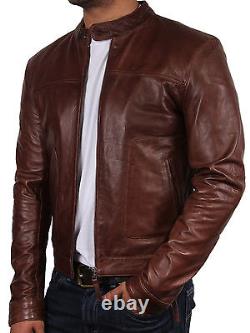 Mens Leather Biker Jacket Distressed Slim Fit Vintage Retro Brown/Grey/Tan/Black