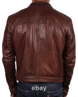 Mens Leather Biker Jacket Distressed Slim Fit Vintage Retro Brown/Grey/Tan/Black