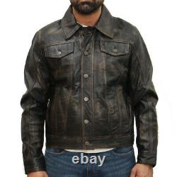 Mens Leather Denim Style Western Trucker Jacket, Black, Tan, Burgundy & Vintage