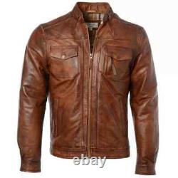 Mens Leather Jacket Cafe Racer Distressed Brown Real Leather Biker Jacket