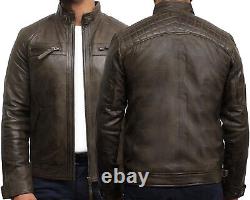 Mens Leather Jacket Real Motorcycle Leather Jacket for Men Distressed Retro