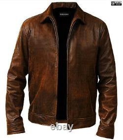 Mens Leather Jacket Vintage Distressed Biker Motorcycle Cafe Racer Real Leather