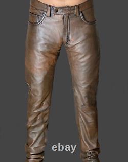 Mens Leather Pant Vintage Leather Trouser Distressed Brown Jeans Biker Trouser