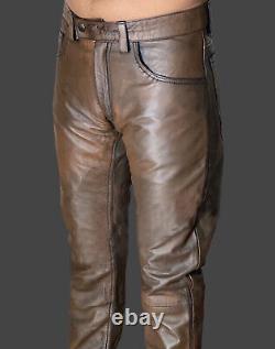 Mens Leather Pant Vintage Leather Trouser Distressed Brown Jeans Biker Trouser