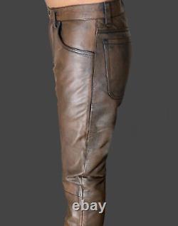 Mens Leather Pant Vintage Leather Trouser Distressed Brown Jeans Biker Trouser