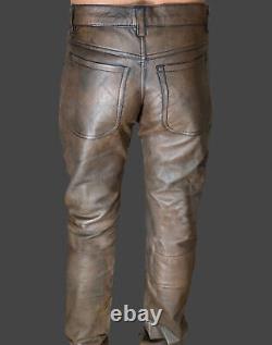 Mens Leather Pant Vintage Leather Trouser Distressed Brown Jeans Biker Trouser