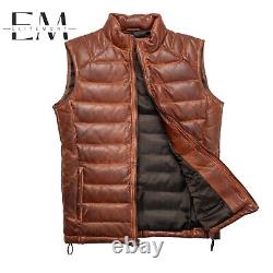 Mens Leather Puffer Vest Distressed Brown Down Gilet Jacket Warm Body Warmer