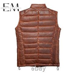 Mens Leather Puffer Vest Distressed Brown Down Gilet Jacket Warm Body Warmer