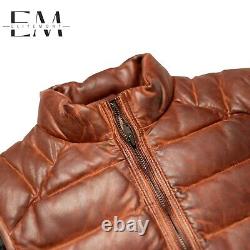 Mens Leather Puffer Vest Distressed Brown Down Gilet Jacket Warm Body Warmer