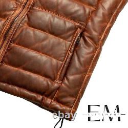 Mens Leather Puffer Vest Distressed Brown Down Gilet Jacket Warm Body Warmer