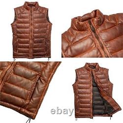 Mens Leather Puffer Vest Distressed Brown Down Gilet Jacket Warm Body Warmer