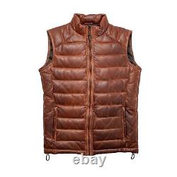 Mens Leather Puffer Vest Distressed Brown Down Gilet Jacket Warm Body Warmer