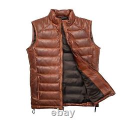 Mens Leather Puffer Vest Distressed Brown Down Gilet Jacket Warm Body Warmer