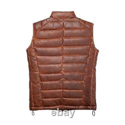 Mens Leather Puffer Vest Distressed Brown Down Gilet Jacket Warm Body Warmer