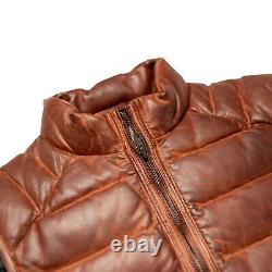 Mens Leather Puffer Vest Distressed Brown Down Gilet Jacket Warm Body Warmer