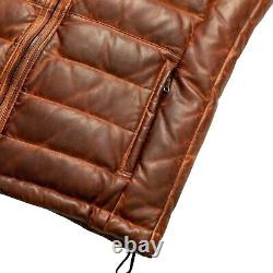 Mens Leather Puffer Vest Distressed Brown Down Gilet Jacket Warm Body Warmer