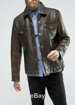 Mens Levi Strauss Small Distressed Brown Leather Trucker Jacket VTG LVC Type 3