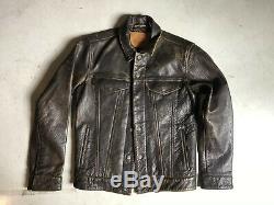 Mens Levi Strauss Small Distressed Brown Leather Trucker Jacket VTG LVC Type 3