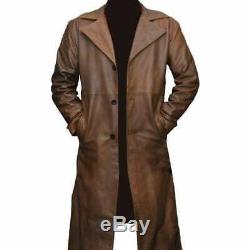Mens Long Coat Genuine Leather Trench Coat Rain Coat Distressed Men Over Coat