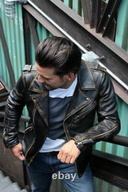 Mens Marlon Brando Biker Motorcycle Vintage Distressed Brown Leather Jacket