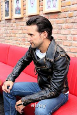 Mens Marlon Brando Biker Motorcycle Vintage Distressed Brown Leather Jacket