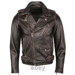 Mens Marlon Brando Biker Motorcycle Vintage Distressed Brown Real Leather Jacket