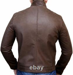 Mens Motorcycle Biker Cafe Racer Brown Genuine Cow Leather Winter Jacket