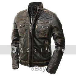 Mens Motorcycle Biker Slim Fit Vintage Distressed Cafe Racer Real Leather Jacket