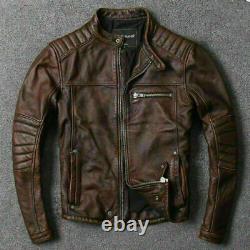 Mens Motorcycle Biker Vintage Café Racer Distressed Brown Real Leather Jacket