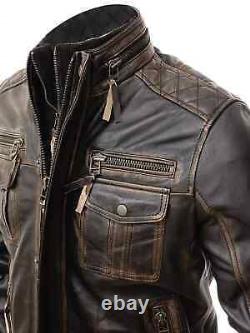 Mens Motorcycle Biker Vintage Distressed Brown Cafe Racer Real Leather Jacket