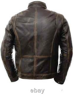 Mens Motorcycle Biker Vintage Distressed Brown Cafe Racer Real Leather Jacket