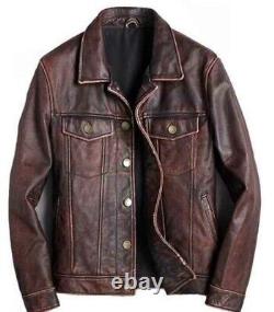 Mens Motorcycle Biker Vintage Trucker Retro Distressed Brown Real Leather Jacket