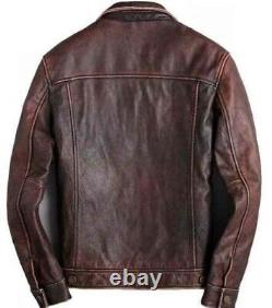 Mens Motorcycle Biker Vintage Trucker Retro Distressed Brown Real Leather Jacket