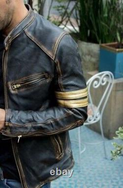 Mens Motorcycle Cafe Racer Vintage Distressed Brown Biker Real Leather Jacket