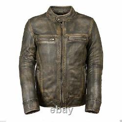 Mens Motorcycle Distressed Wax Leather Jacket Bikers Casual Fashion Vintage