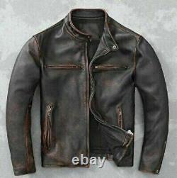 Mens Motorcycle Vintage Biker Café Racer Distressed Real Brown Leather Jacket