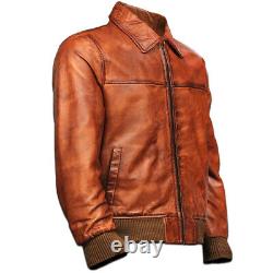 Mens Motorcycle Vintage Disstressed Brown Bomber Winter Biker New Leather Jacket