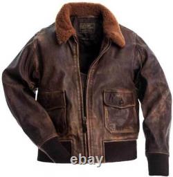 Mens Navy G-1 Distressed Brown Cowhide Leather Bomber Jacket With COLLAR FUR