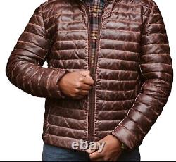 Mens Puffer Leather Jacket Brown Quilted Distressed Down biker Motorcycle Jacket