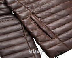 Mens Puffer Leather Jacket Brown Quilted Distressed Down biker Motorcycle Jacket
