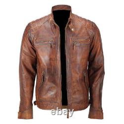 Mens Quilted Shoulder Distressed Brown Motorcycle Vintage Biker Leather Jacket